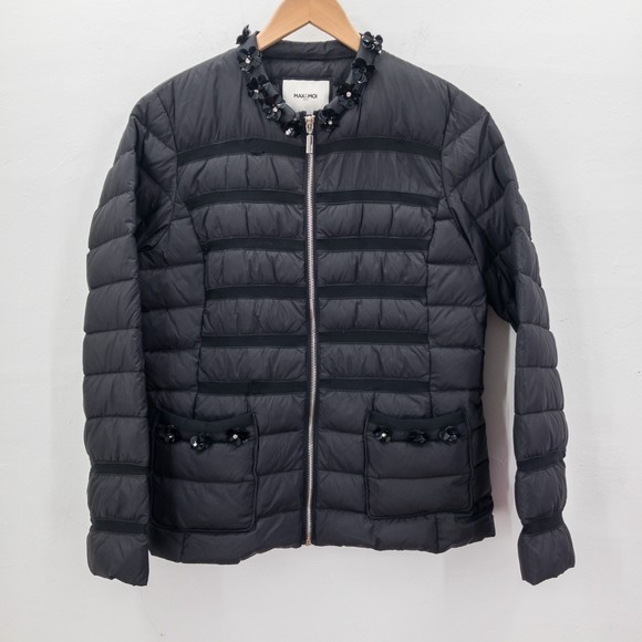 Max & Moi Paris Down Puffer Jacket Black Floral Detail Size 40 - Picture 1 of 12